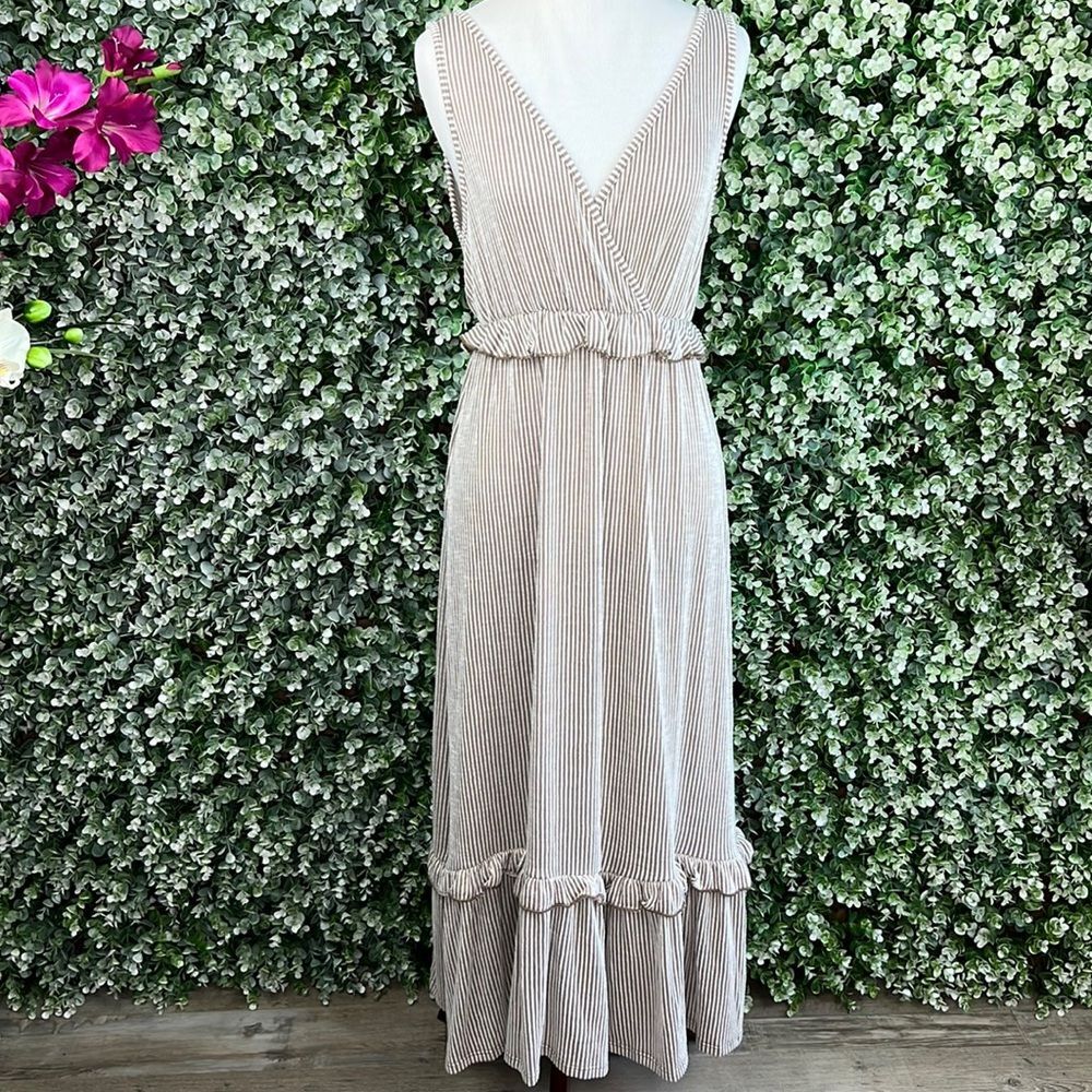 Caution To The Wind Neutral Stripe Ruffle Accent V-Neck Maxi Dress - Picture 2 of 11